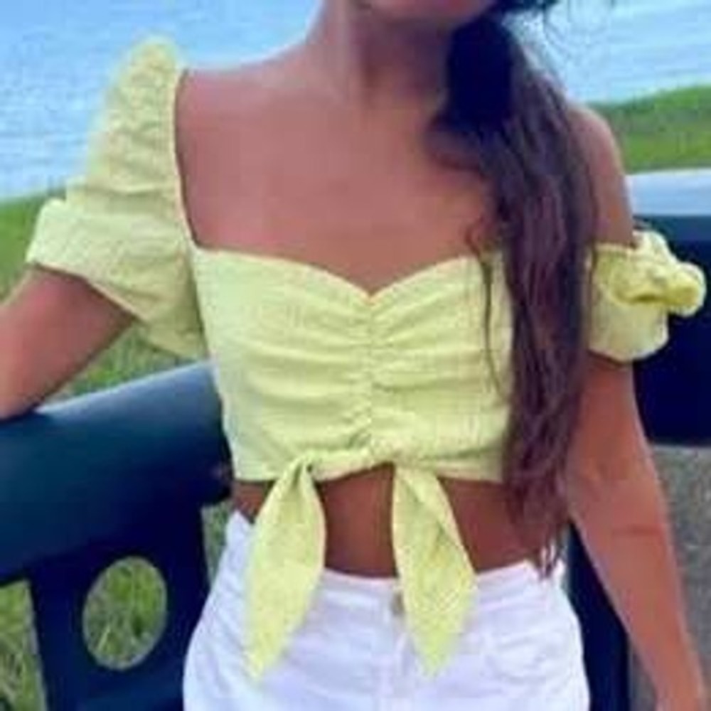 Zara Women Crop Top XS Yellow Gingham Puff Sleeve Front Tie Smocked Back